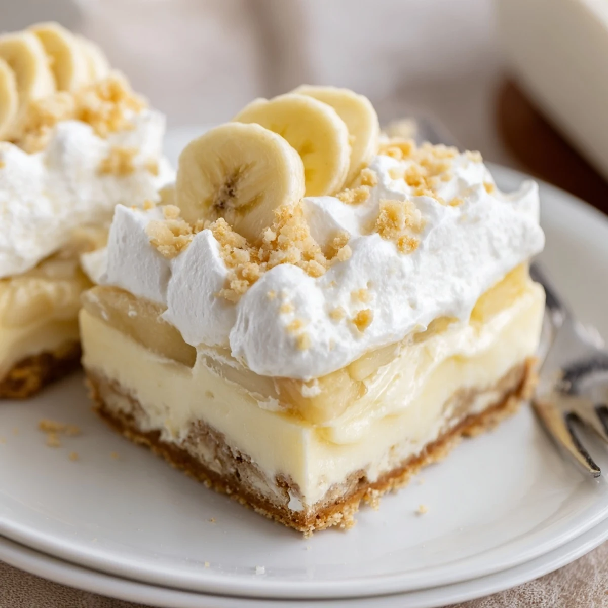 Sliced Banana Pudding Cheesecake Squares on a plate, vanilla wafer crust visible.