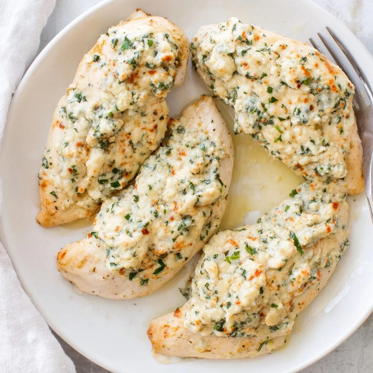 Tasty Baked Ricotta Chicken with golden bubbly cheese, garlic aroma, parsley garnish.