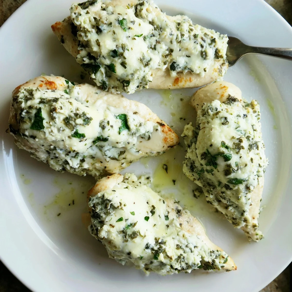 Pan of Tasty Baked Ricotta Chicken, herb-scented topping bubbling, olive oil sheen.