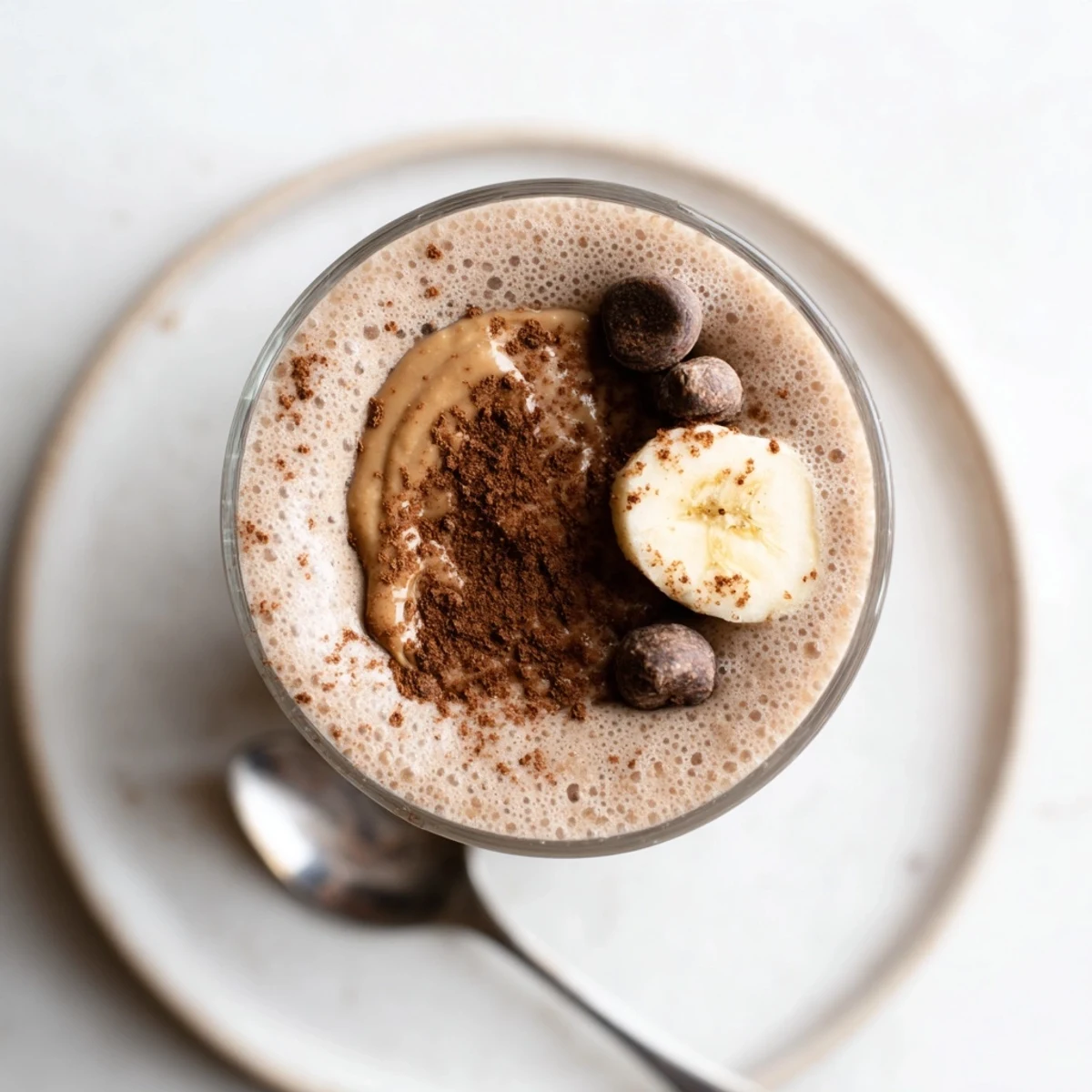 Chocolate Peanut Butter Protein Smoothie Recipe poured into tall glass, creamy texture