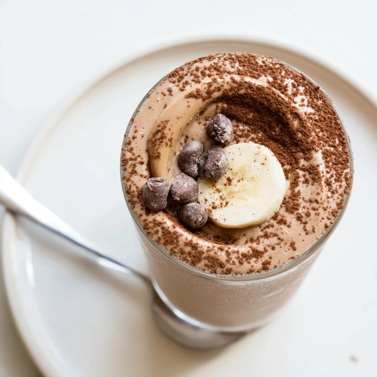 Chocolate Peanut Butter Protein Smoothie Recipe chilled, topped with sliced banana and cacao nibs