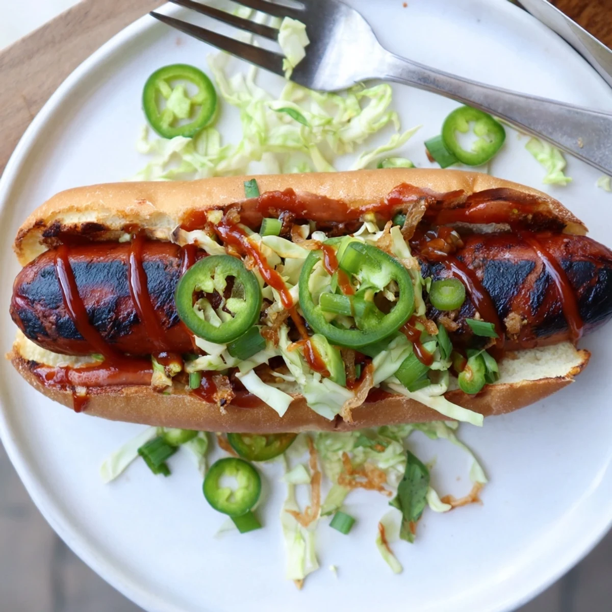 Grilled Spicy Firecracker Hot Dogs nestled in toasted buns, creamy spicy sauce
