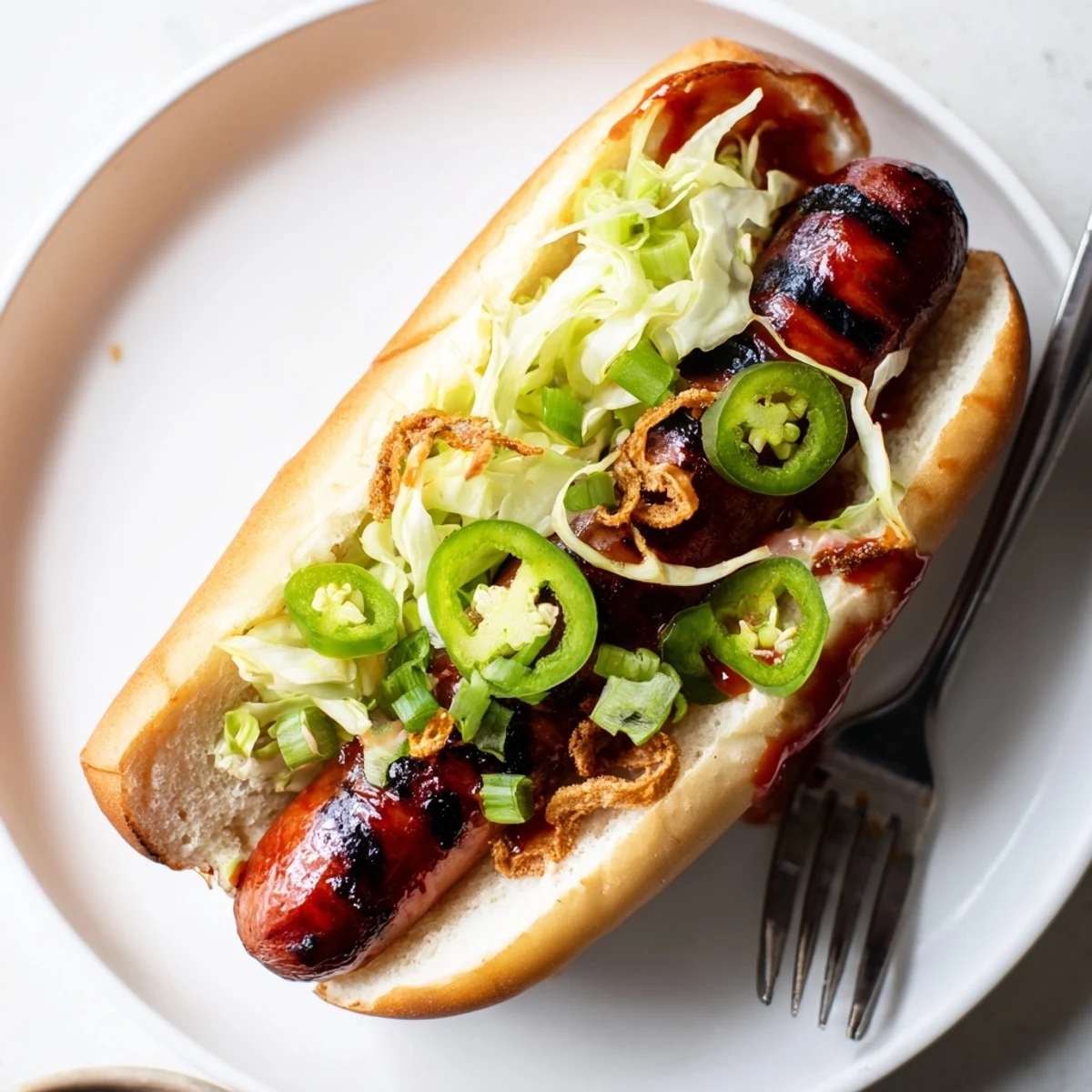 Spicy Firecracker Hot Dogs sizzling on grill, topped with crunchy jalapeños
