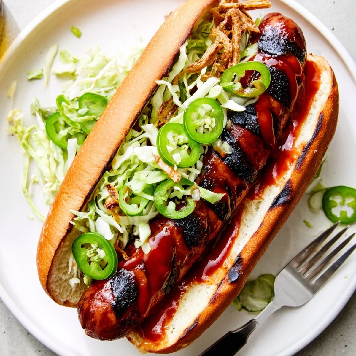 Close up of Spicy Firecracker Hot Dogs garnished with cilantro and fried onions