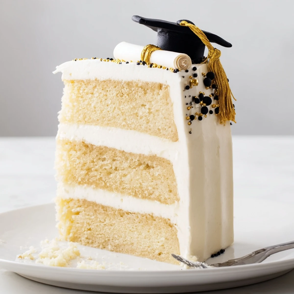 Graduation Cake Recipe with moist vanilla layers, creamy buttercream, and gold sprinkles