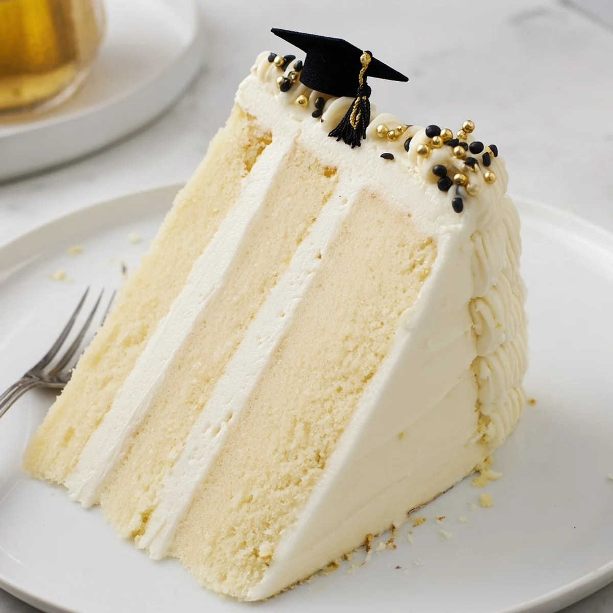 Slice of Graduation Cake Recipe on a stand, soft crumb, rich frosting