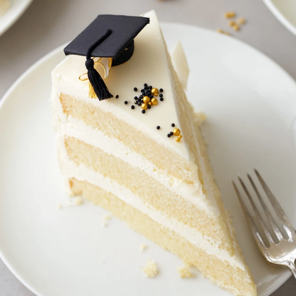 Decorated Graduation Cake Recipe topped with fondant caps, edible gold pearls, ready for guests