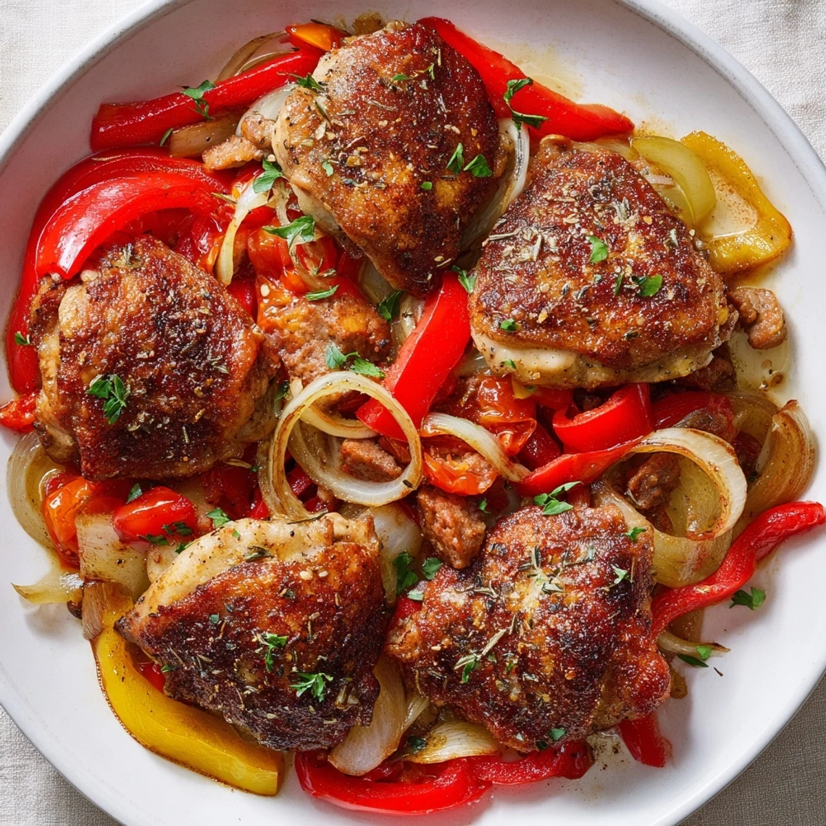 Chicken Scarpariello with crispy browned skin, tangy peppers, and savory sausage