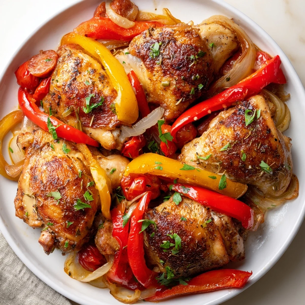 Oven baked Chicken Scarpariello fragrant with garlic, rosemary, cherry peppers, perfect for family dinners