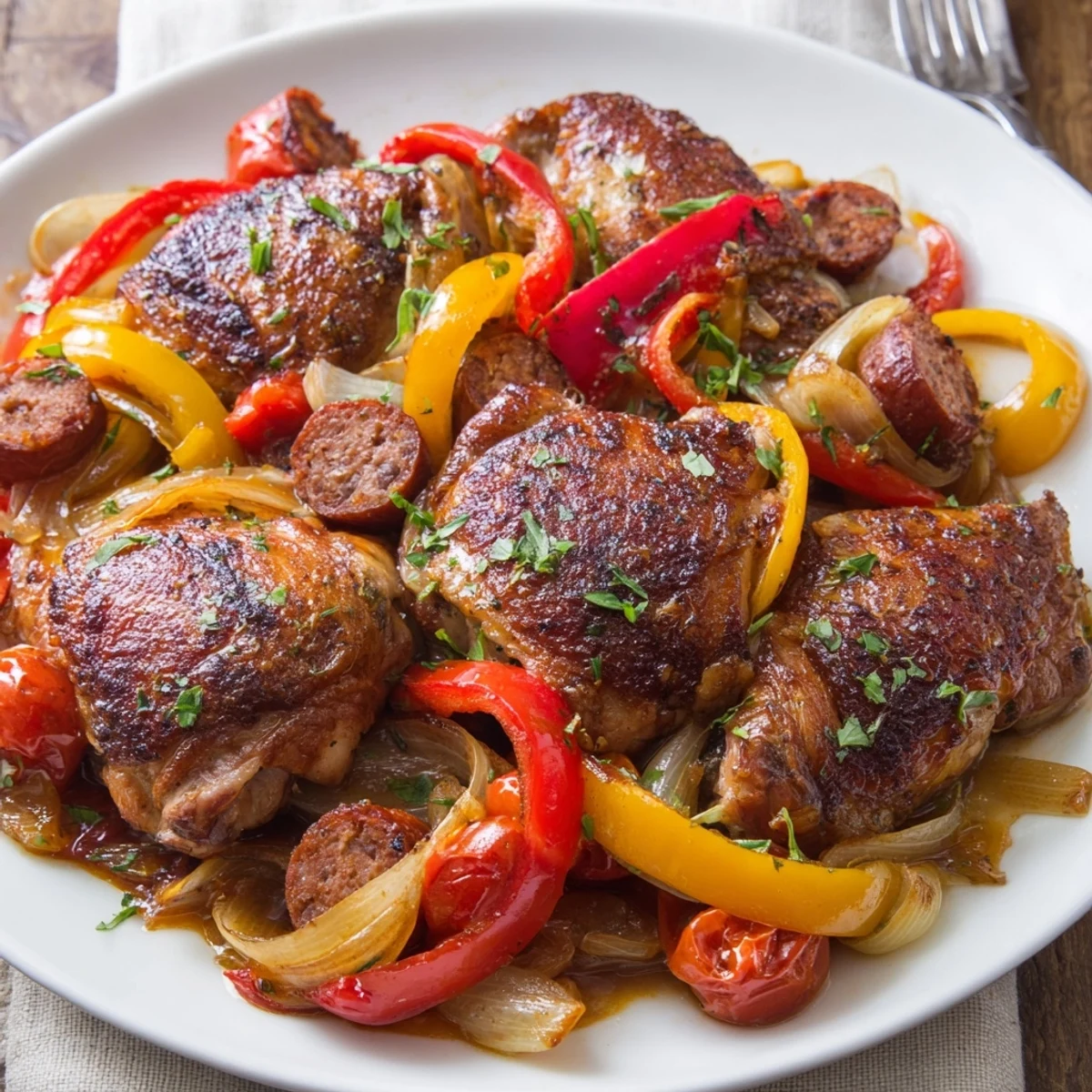 Rustic Chicken Scarpariello simmered in red wine vinegar sauce, served with crusty bread