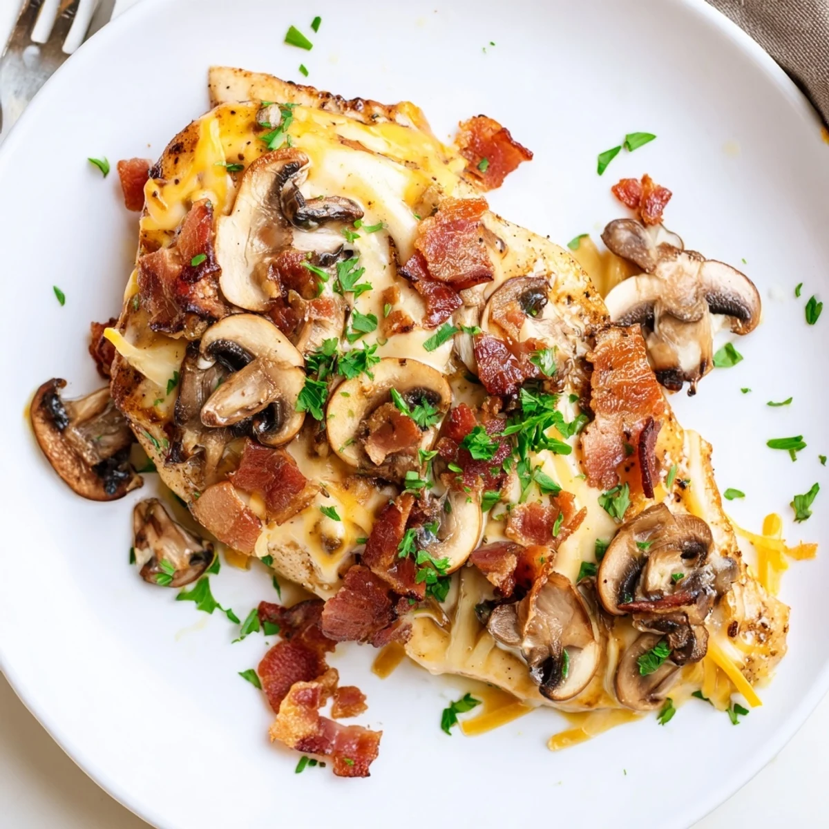 Grilled Alice Springs Chicken Outback Style topped with melted cheese, crispy bacon