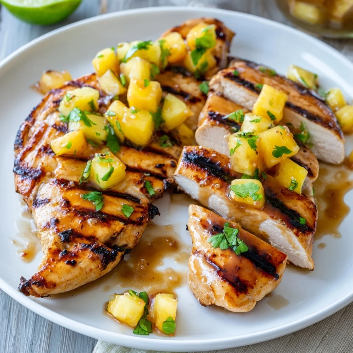 Grilled Mango Pineapple Chicken sizzling over hot grill, glossy sweet-tangy glaze