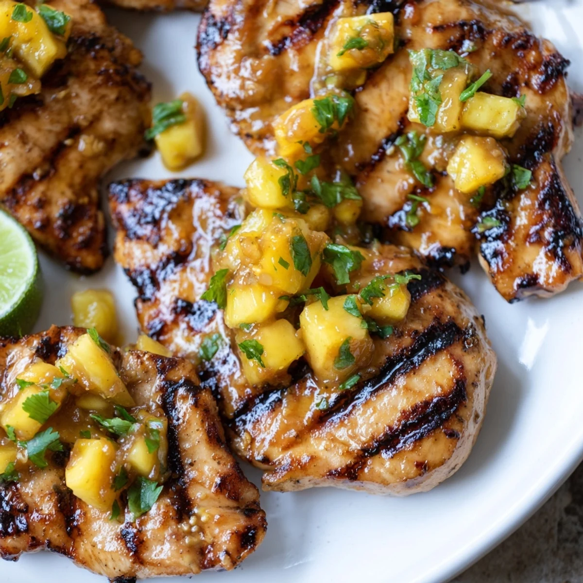 Juicy charred chicken topped with mango-pineapple salsa, Grilled Mango Pineapple Chicken