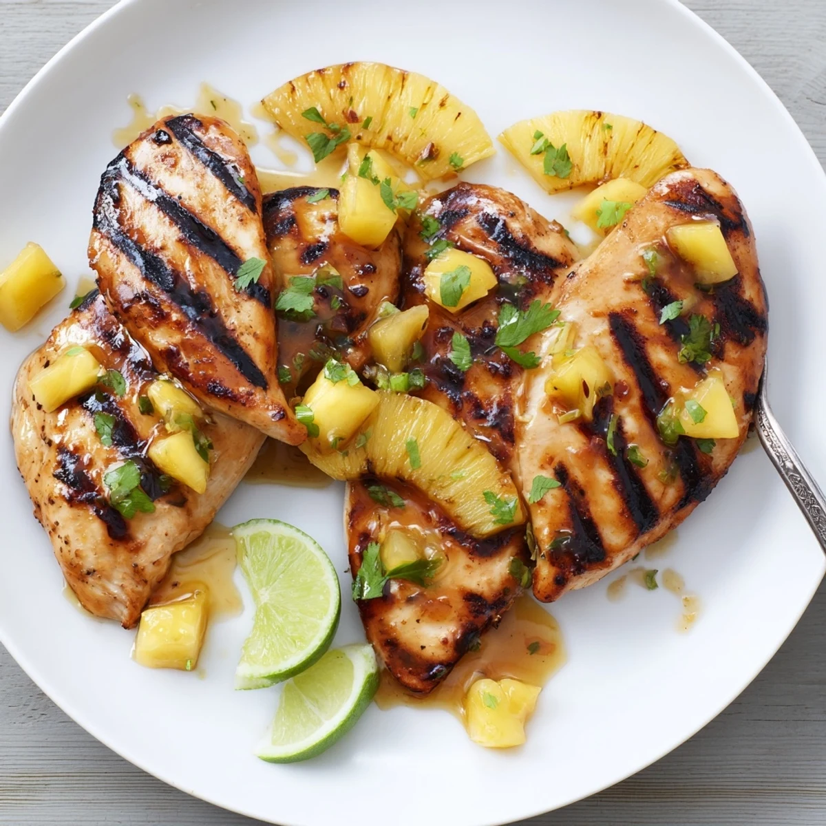Sliced Grilled Mango Pineapple Chicken plated with cilantro, lime wedges, bright juices
