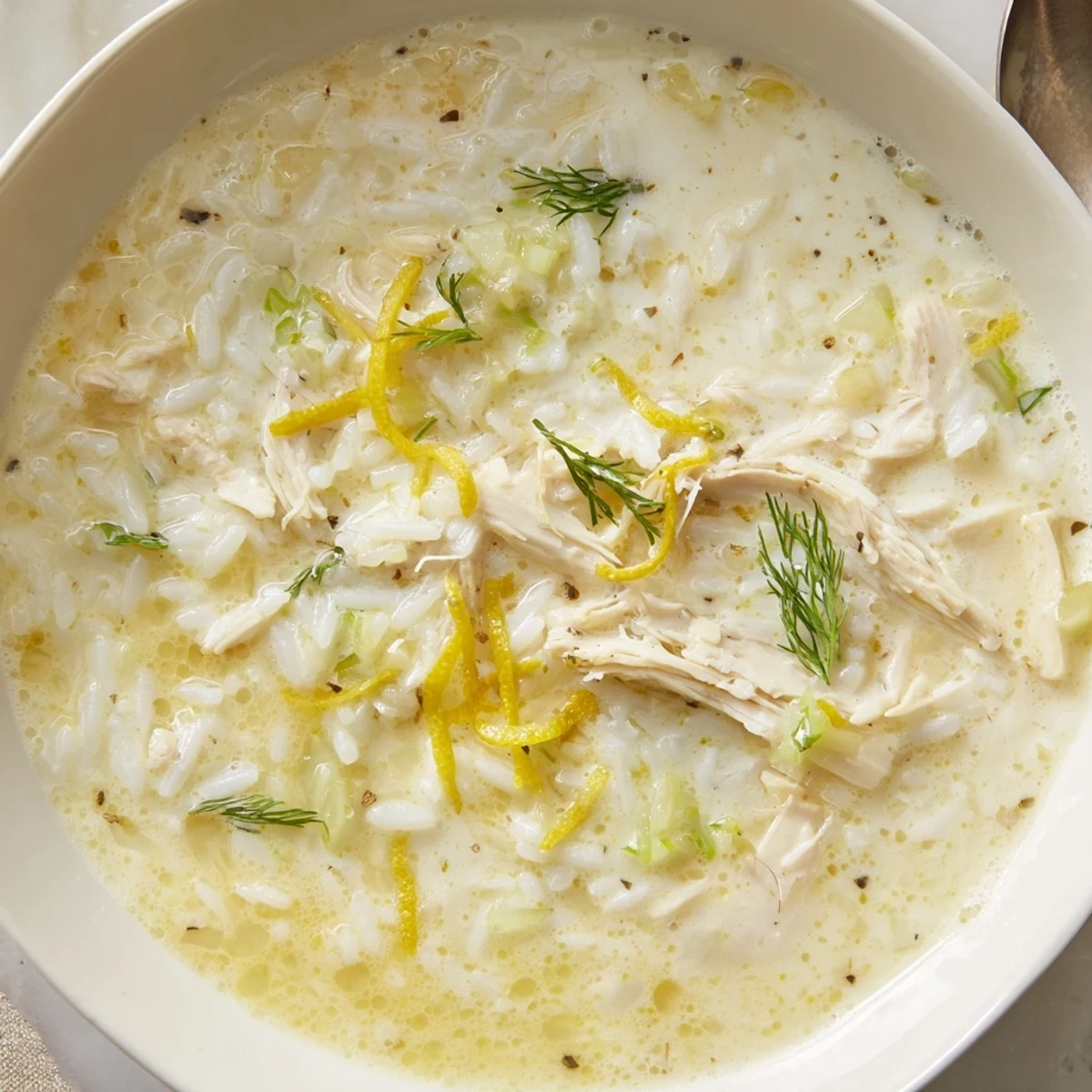 Greek Lemon Chicken Soup steaming in bowl, creamy broth with shredded chicken
