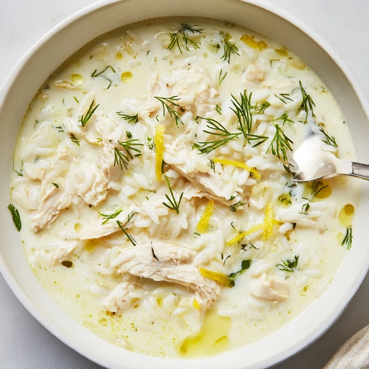 Bright, tangy Greek Lemon Chicken Soup with tender rice and silky egg-lemon