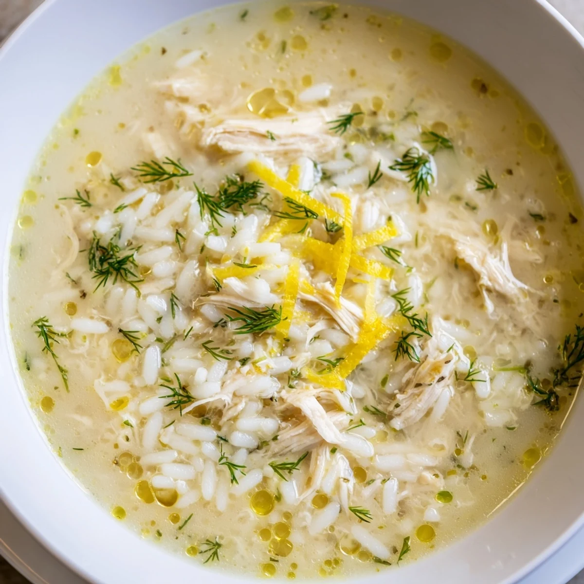 Bowl of Greek Lemon Chicken Soup garnished with dill, served with crusty bread
