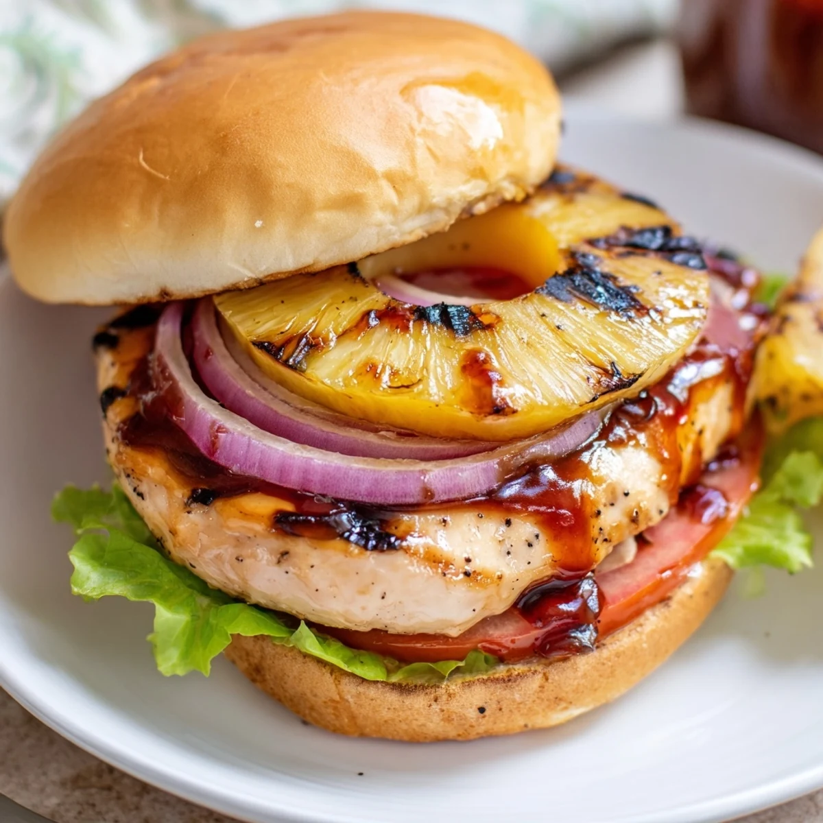 Aromatic Grilled Hawaiian Chicken Sandwiches served hot with crisp lettuce and grill marks