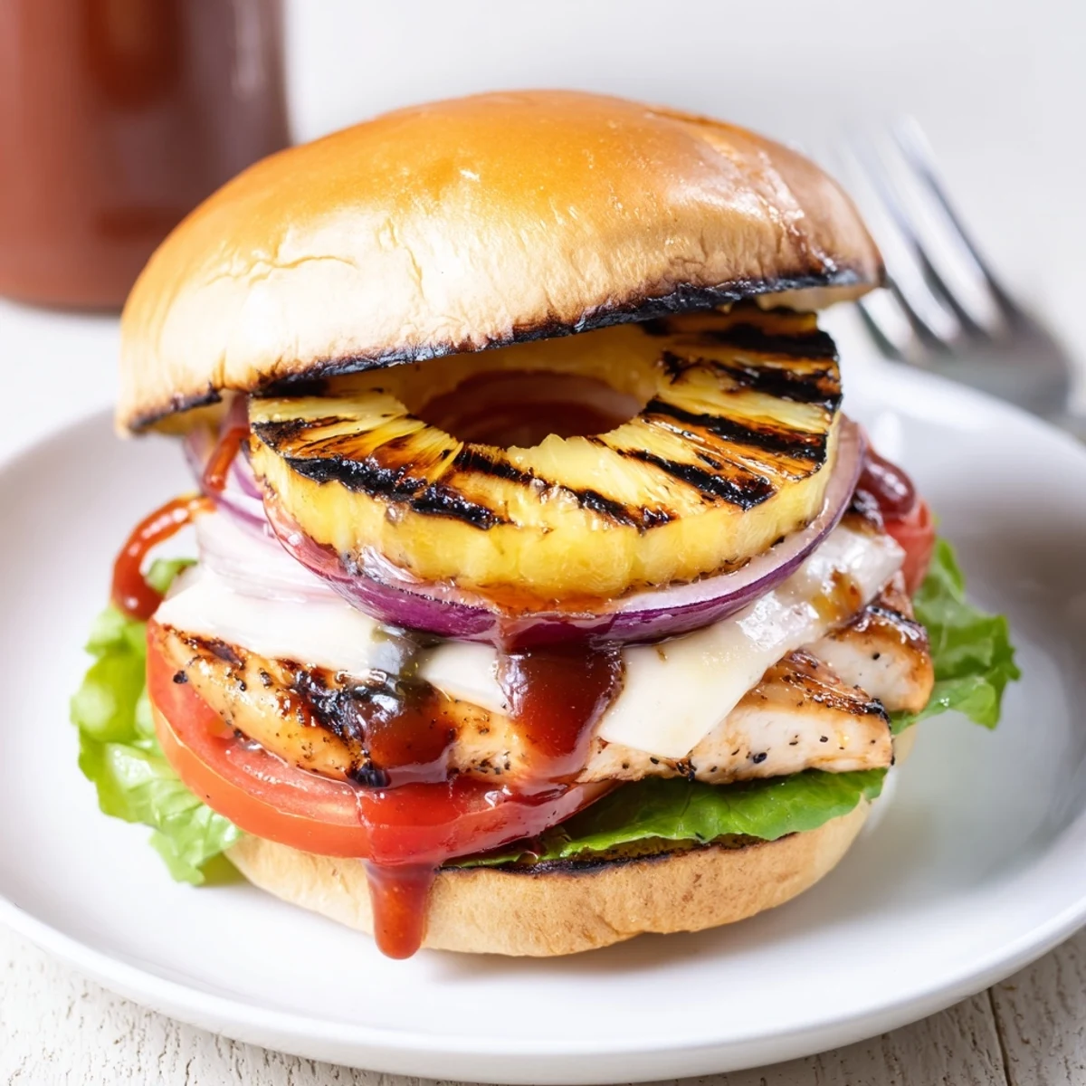 Plate of Grilled Hawaiian Chicken Sandwiches piled with melted Swiss and tomato