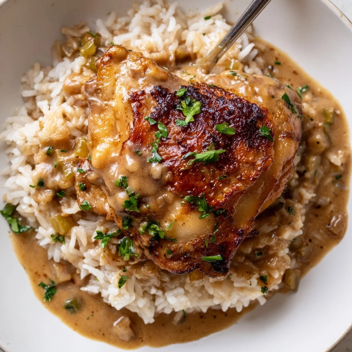 Smothered Chicken And Rice steaming in a skillet, golden skin, creamy gravy.