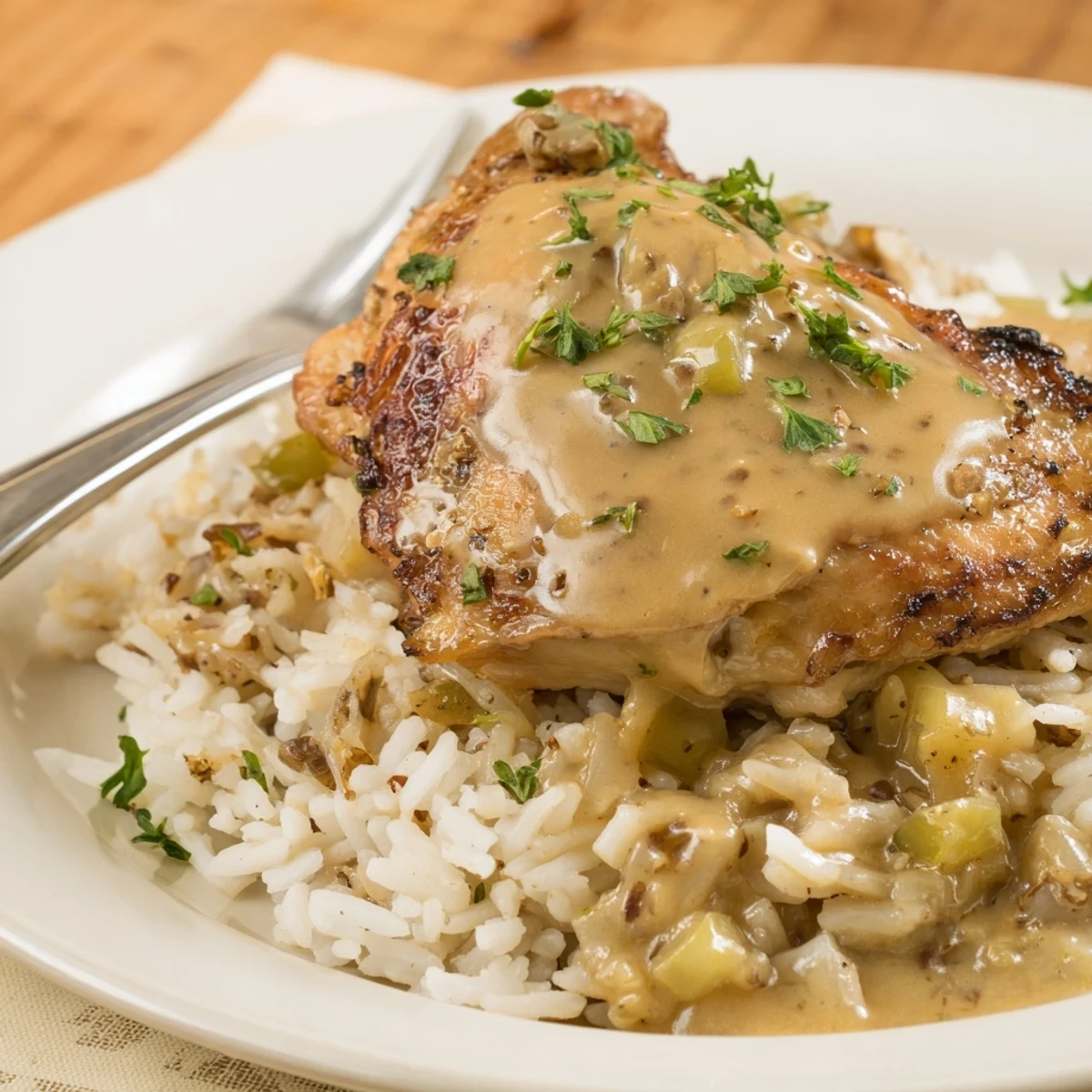 Smothered Chicken And Rice braised in a Dutch oven, vegetables melting into tender grains.