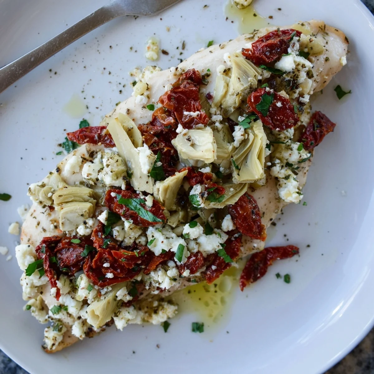 Broiled Artichoke Chicken With Feta sizzling under the broiler, golden topping, lemon garnish.