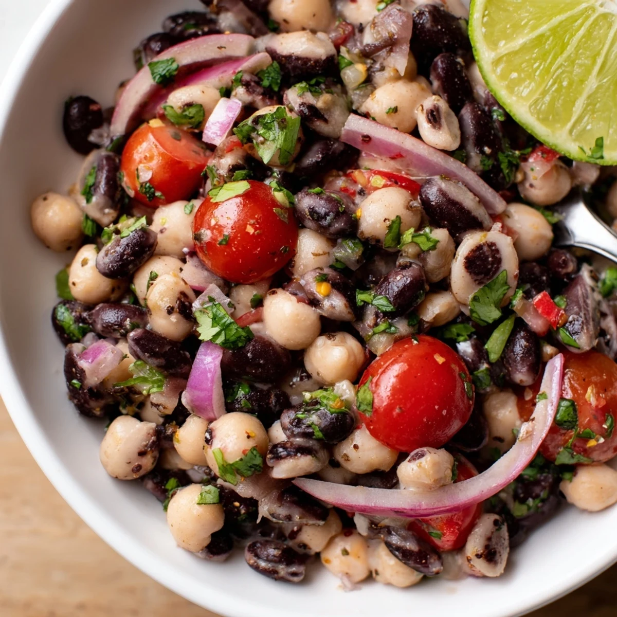 A heaping Marinated Cilantro Lime Bean Salad served with tortilla chips for dipping
