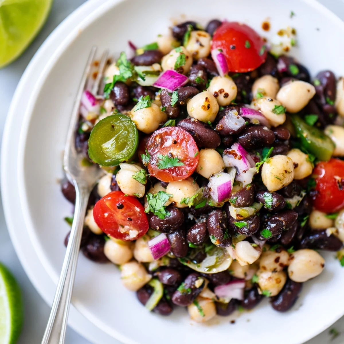 Marinated Cilantro Lime Bean Salad chilled in bowl, garnished with fresh lime wedges