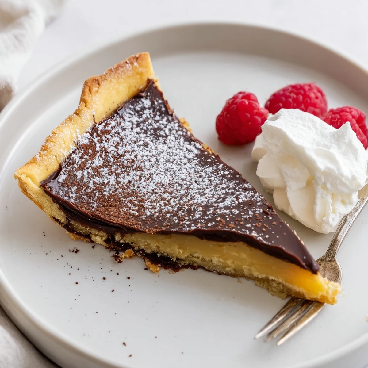 French Chocolate Flan with glossy ganache-like surface, set in golden tart