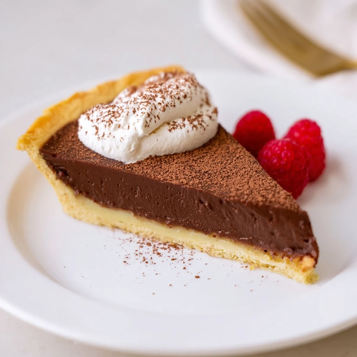 Chilled French Chocolate Flan in tart pan, cocoa-dusted edge and spoon