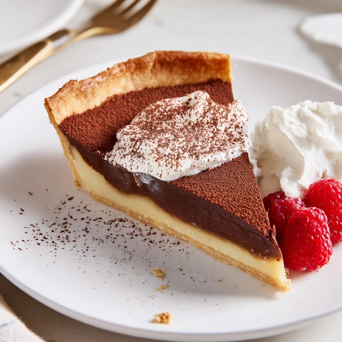 Sliced French Chocolate Flan showing silky custard wobble, served with berries