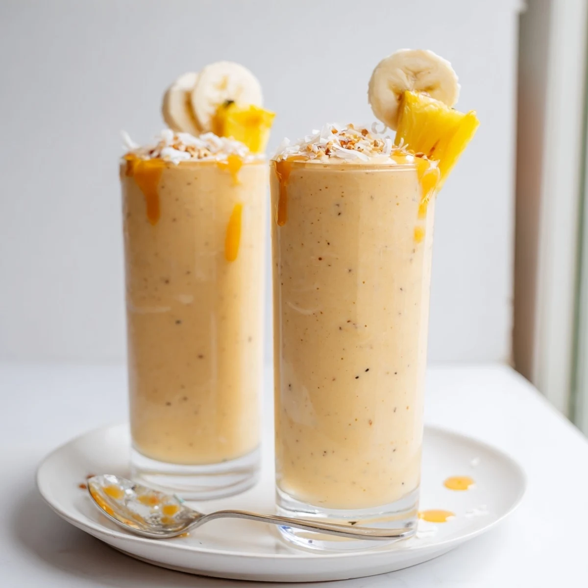Tropical Sunrise Protein Smoothie Recipe in tall glasses, frothy mango-pineapple aroma