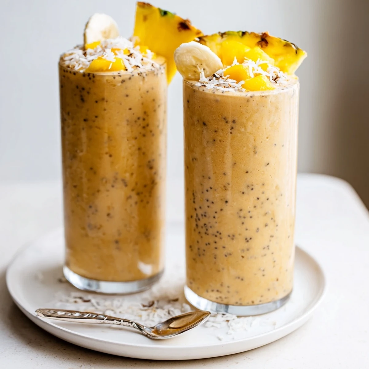 Frothy, creamy Tropical Sunrise Protein Smoothie Recipe served chilled with banana slice