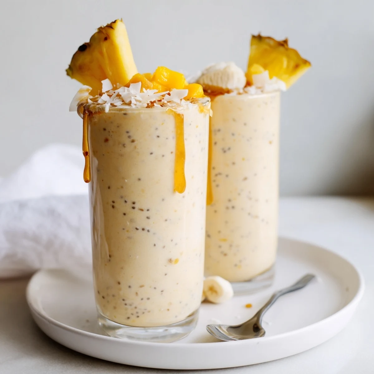 Chilled breakfast bowl beside straw and spoon, Tropical Sunrise Protein Smoothie Recipe