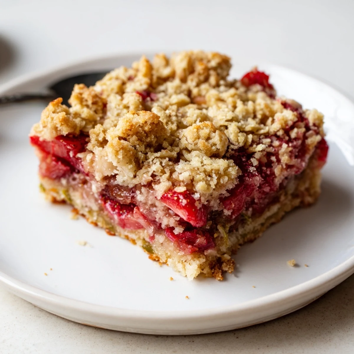 Warm Strawberry Rhubarb Crumble Bars served with melting vanilla ice cream scoop