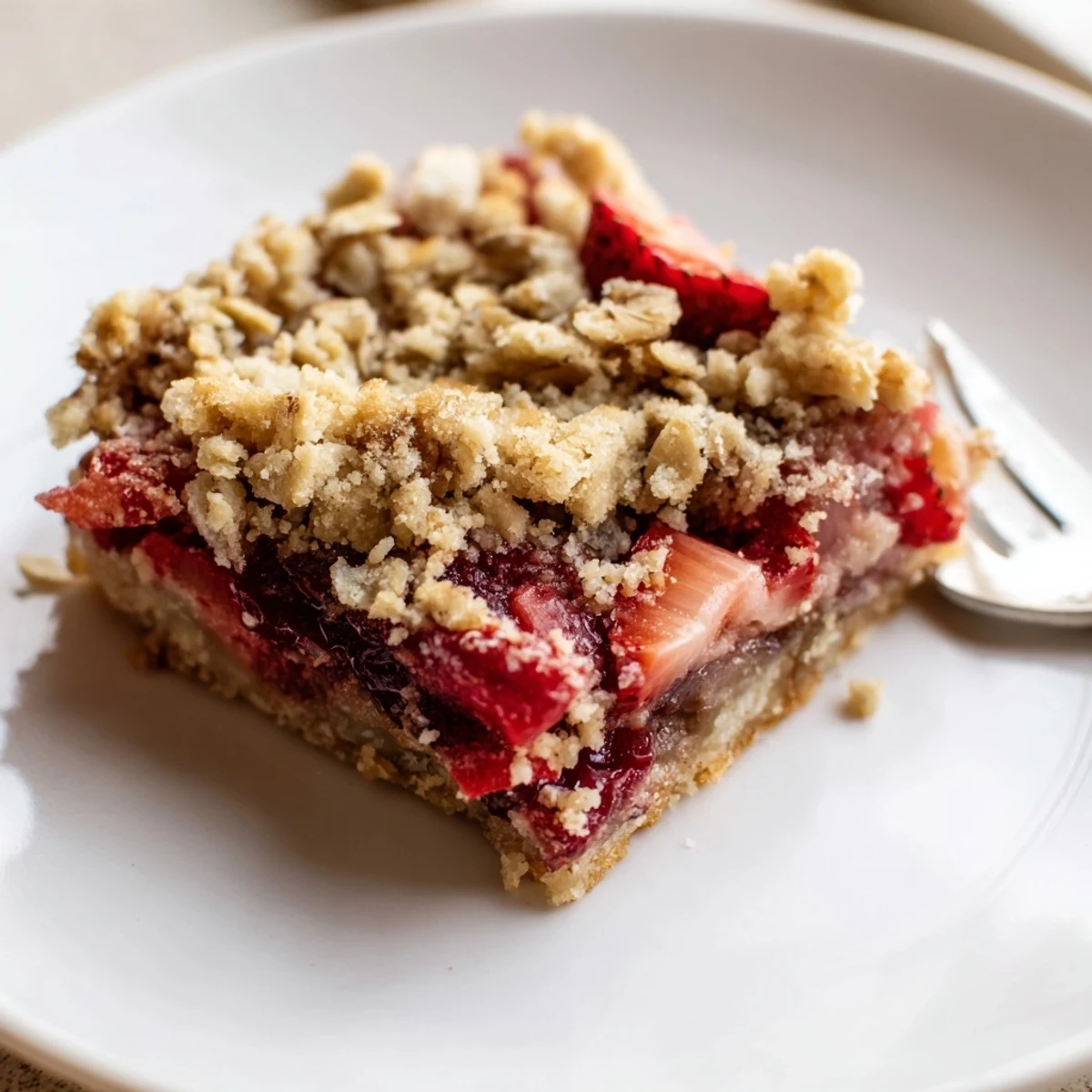 Strawberry Rhubarb Crumble Bars with golden oat topping and bubbling fruit filling