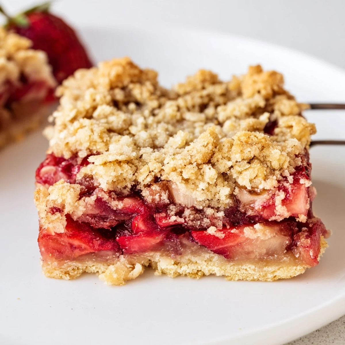 Buttery-crust Strawberry Rhubarb Crumble Bars cut into squares, tart-sweet juices glistening