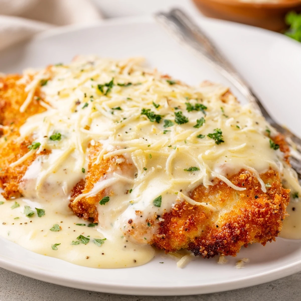 Baked in oven Longhorn Steakhouse Parmesan Chicken topped with bubbly Monterey Jack, parsley