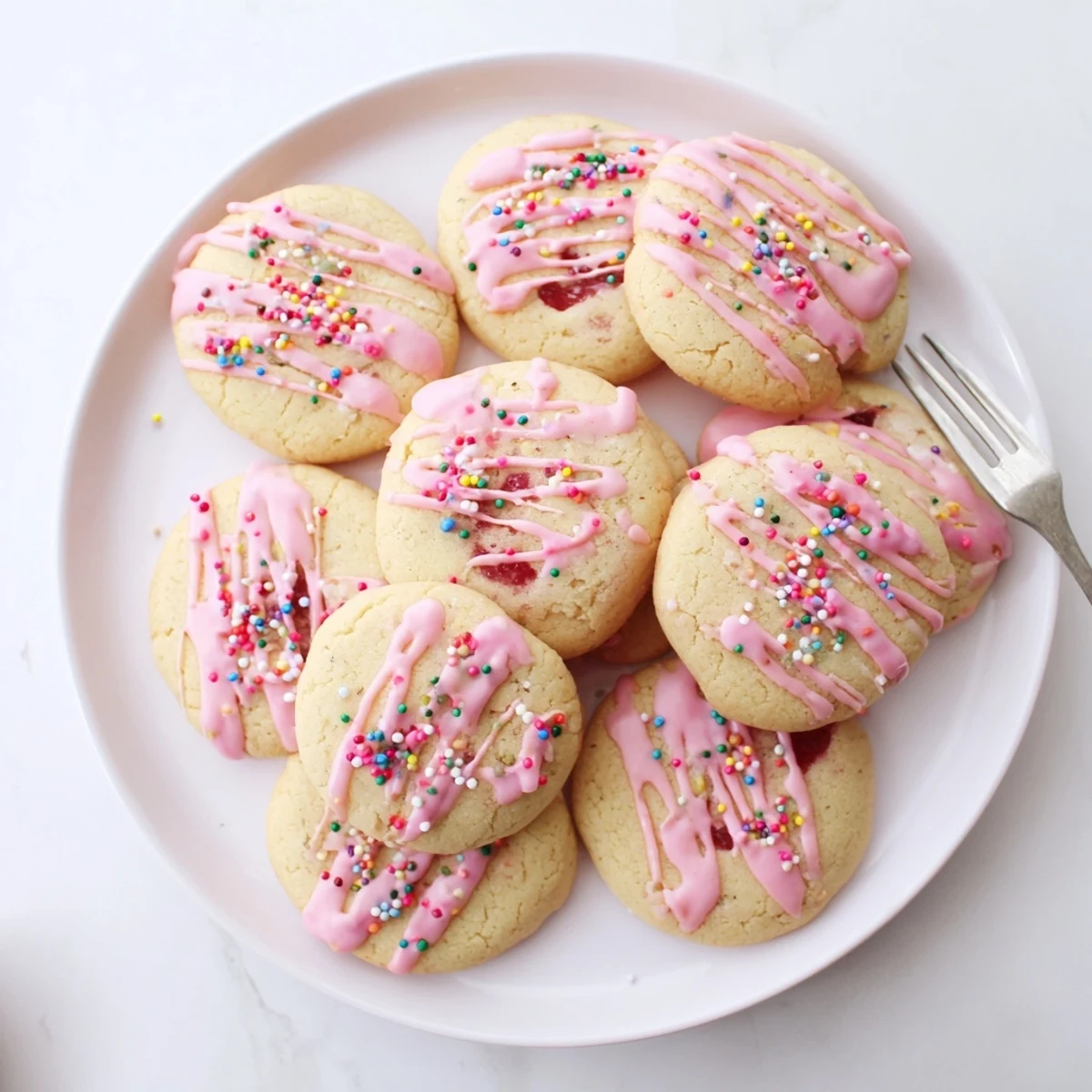 Soft golden strawberry Pop Tart cookies drizzled with pink glaze and rainbow sprinkles on a white plate.