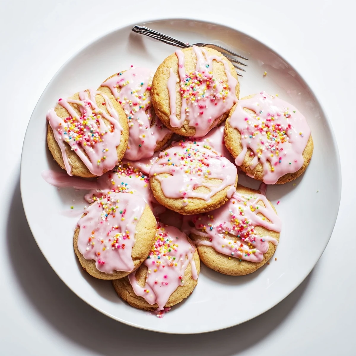 Homemade strawberry Pop Tart cookies with sweet jam centers topped with colorful vanilla frosting and festive sprinkles.