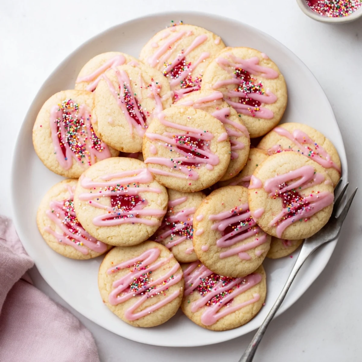 Freshly baked strawberry Pop Tart cookies featuring buttery dough filled with red jam and finished with pink icing.