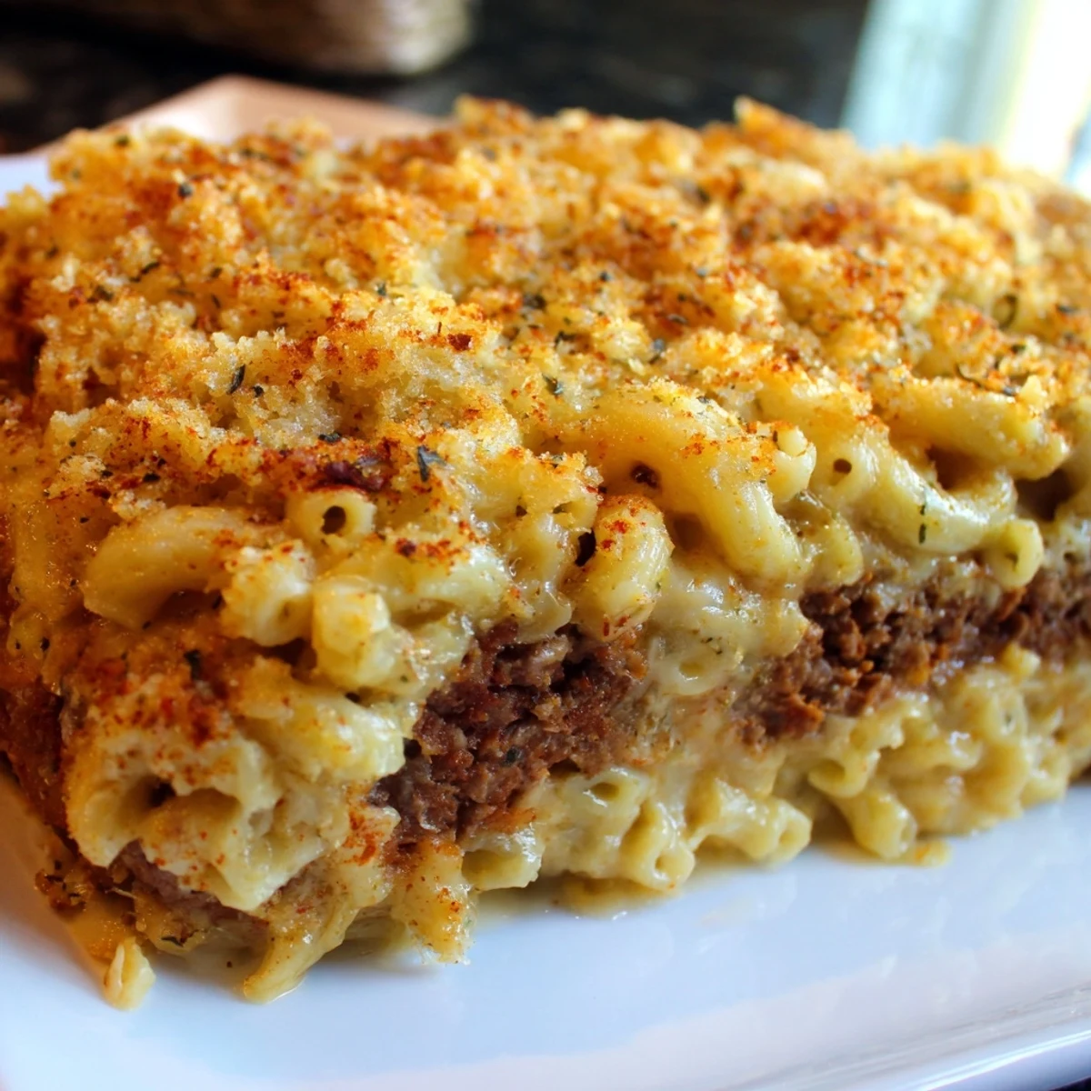 Golden baked Mac and Cheese Meatloaf Casserole with cheesy topping and bubbling cheese sauce