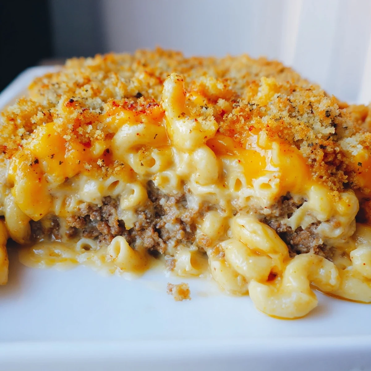 Savory meatloaf base topped with creamy macaroni and cheese in this hearty layered casserole
