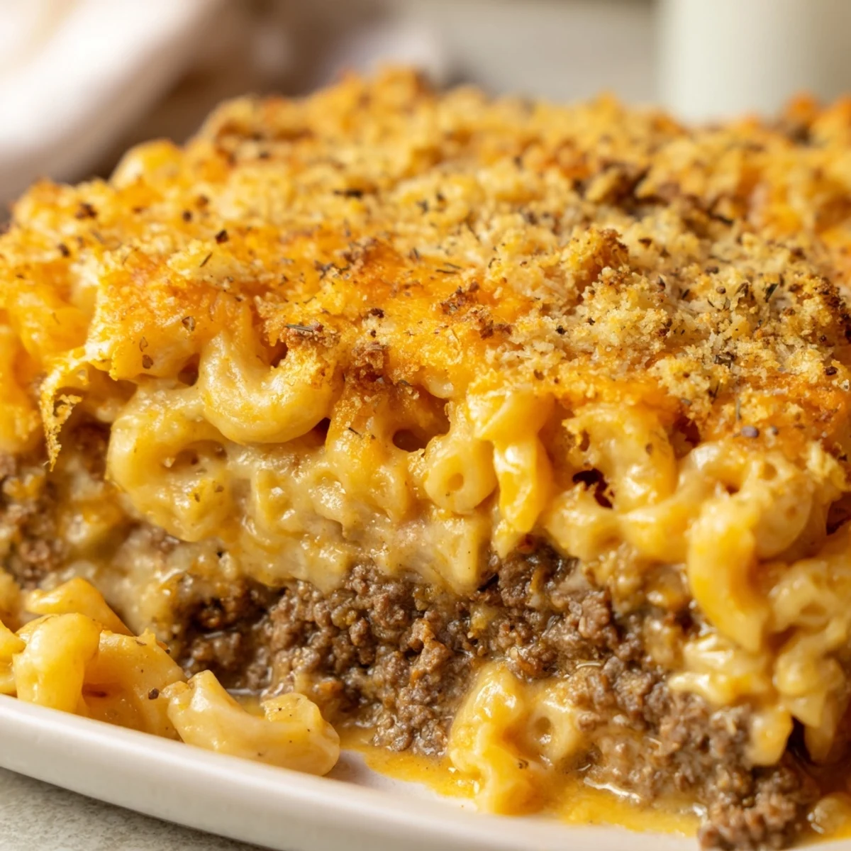 Comforting Mac and Cheese Meatloaf Casserole fresh from oven with melted cheddar and crispy breadcrumb topping