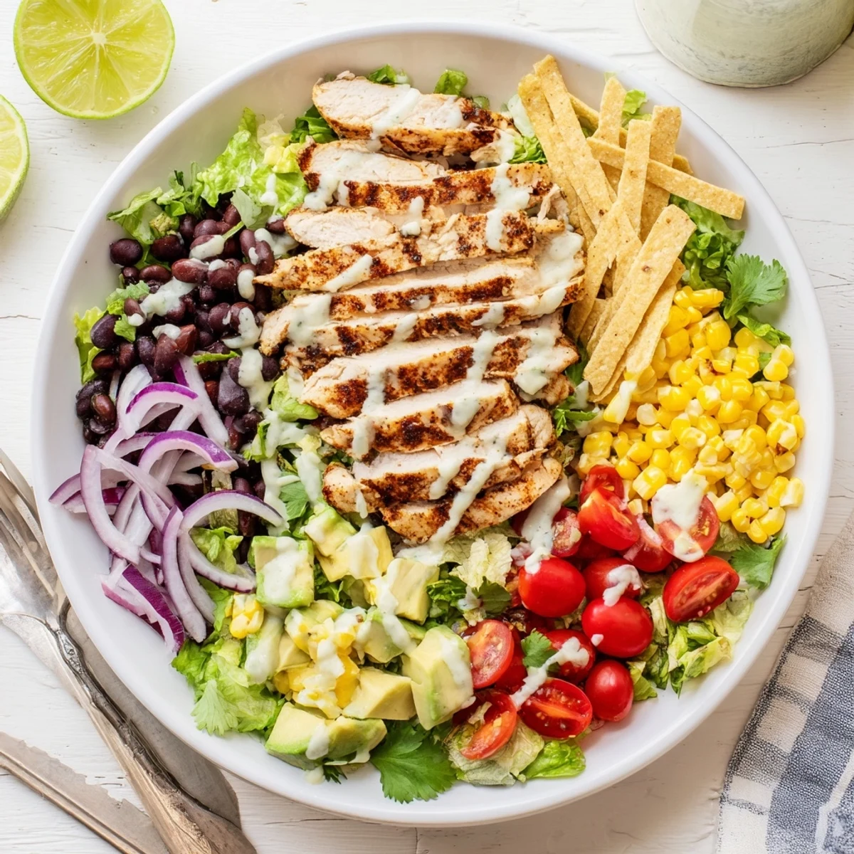 Zesty Southwestern chicken salad featuring spiced grilled chicken over crisp lettuce, corn, and beans
