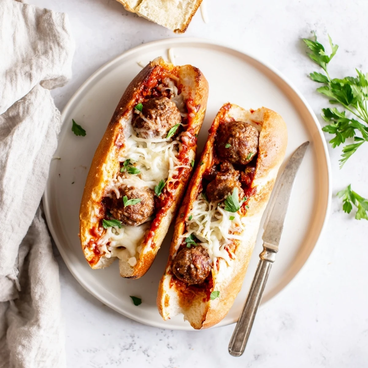 Savory meatballs in rich marinara topped with bubbly cheese on warm garlic bread