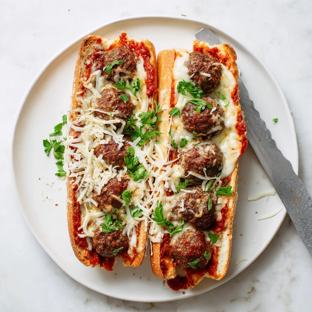 Hearty cheesy meatball subs with sauce-soaked meatballs nestled in crusty toasted rolls