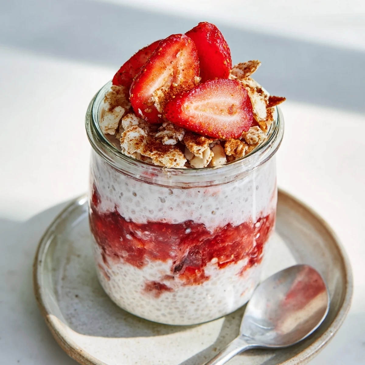 Glass jar layered with creamy strawberry crumble chia pudding topped with fresh berry slices