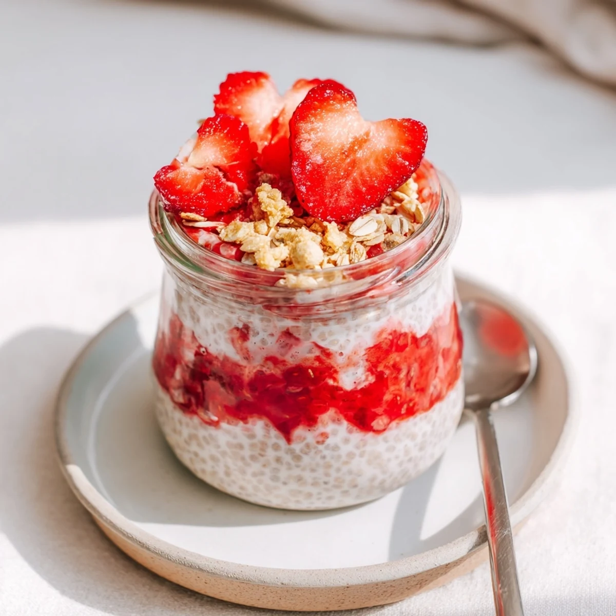 Parfait glass showcasing layered strawberry crumble chia pudding with crunchy cinnamon oat topping