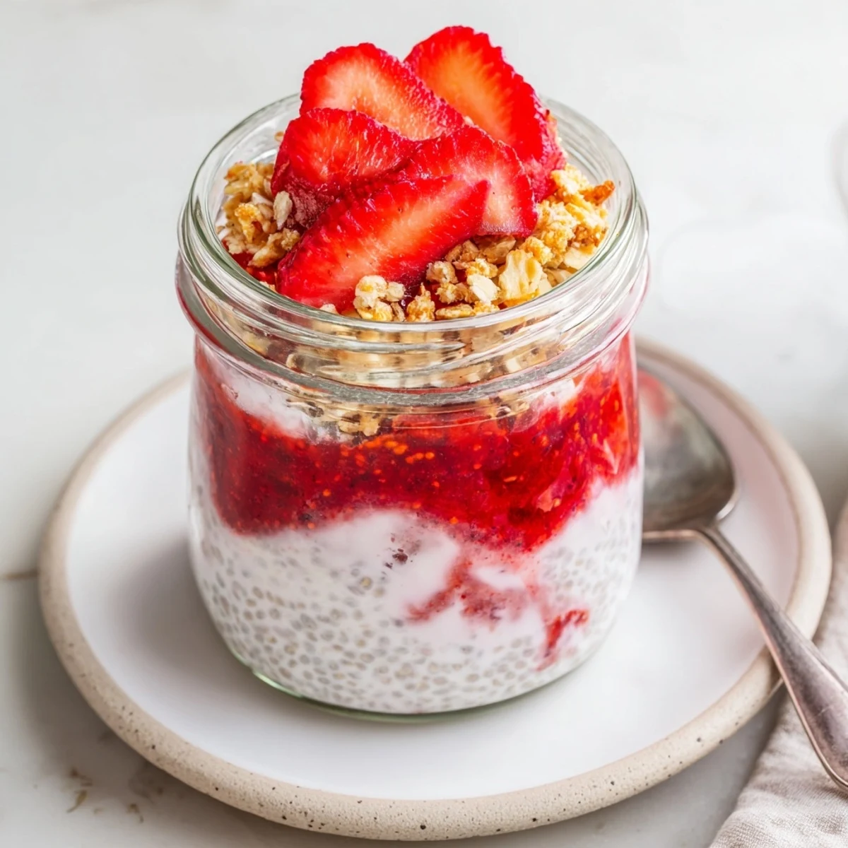 Overhead shot of chia pudding dessert bowl with sweet strawberry compote and golden oat crumble